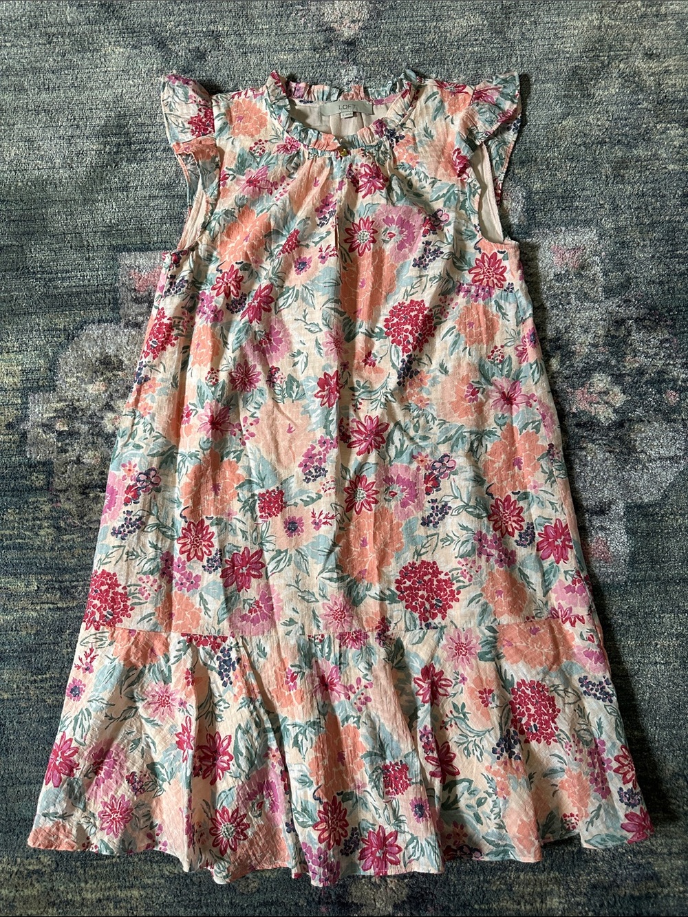 LOFT Floral Ruffle Sleeve Lined Midi Dress - Pink & Peach and Red Cutesy Girly